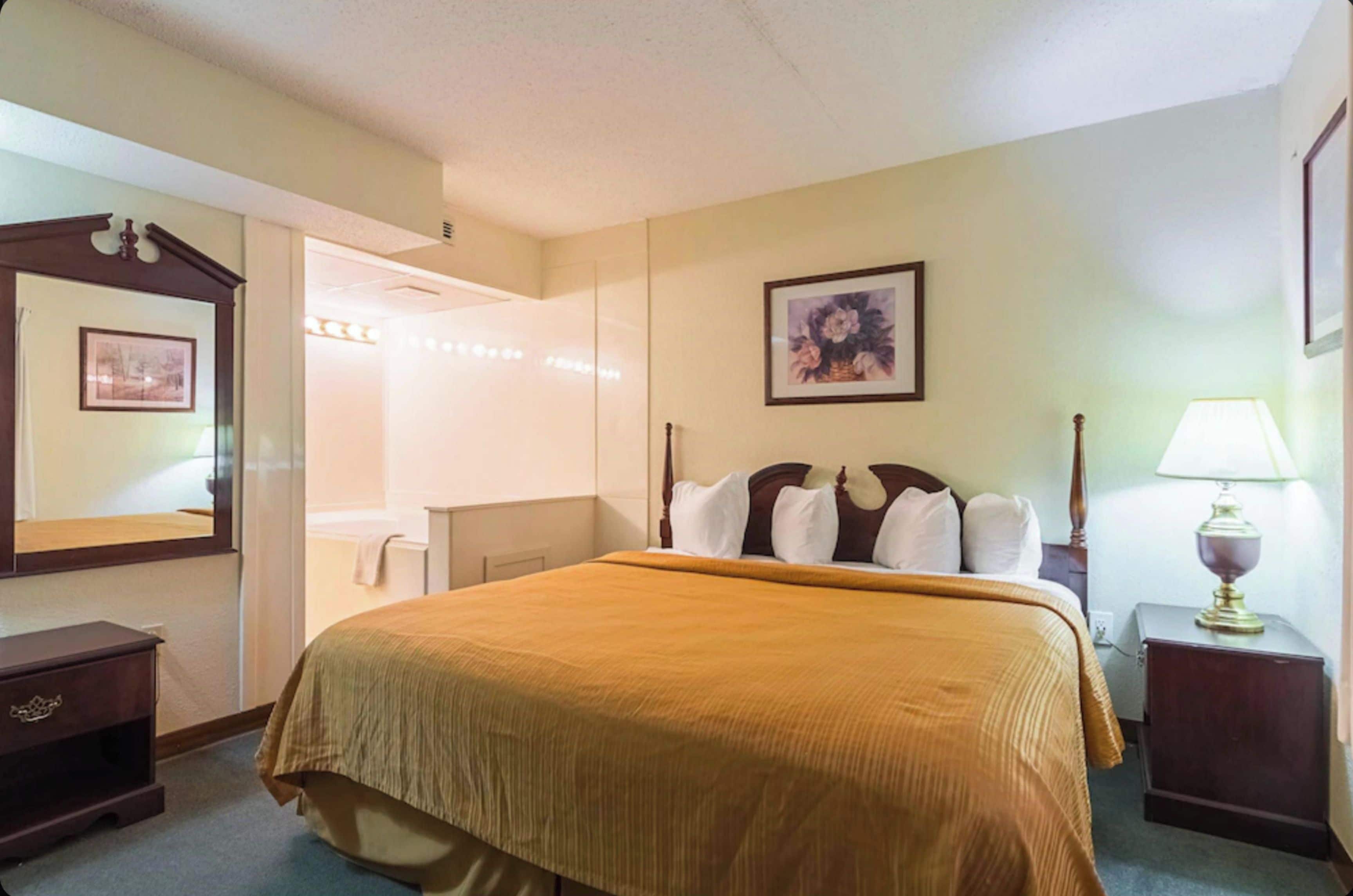 A hotel room with a bed, a nightstand, a lamp, a mirror, and a picture on the wall.
