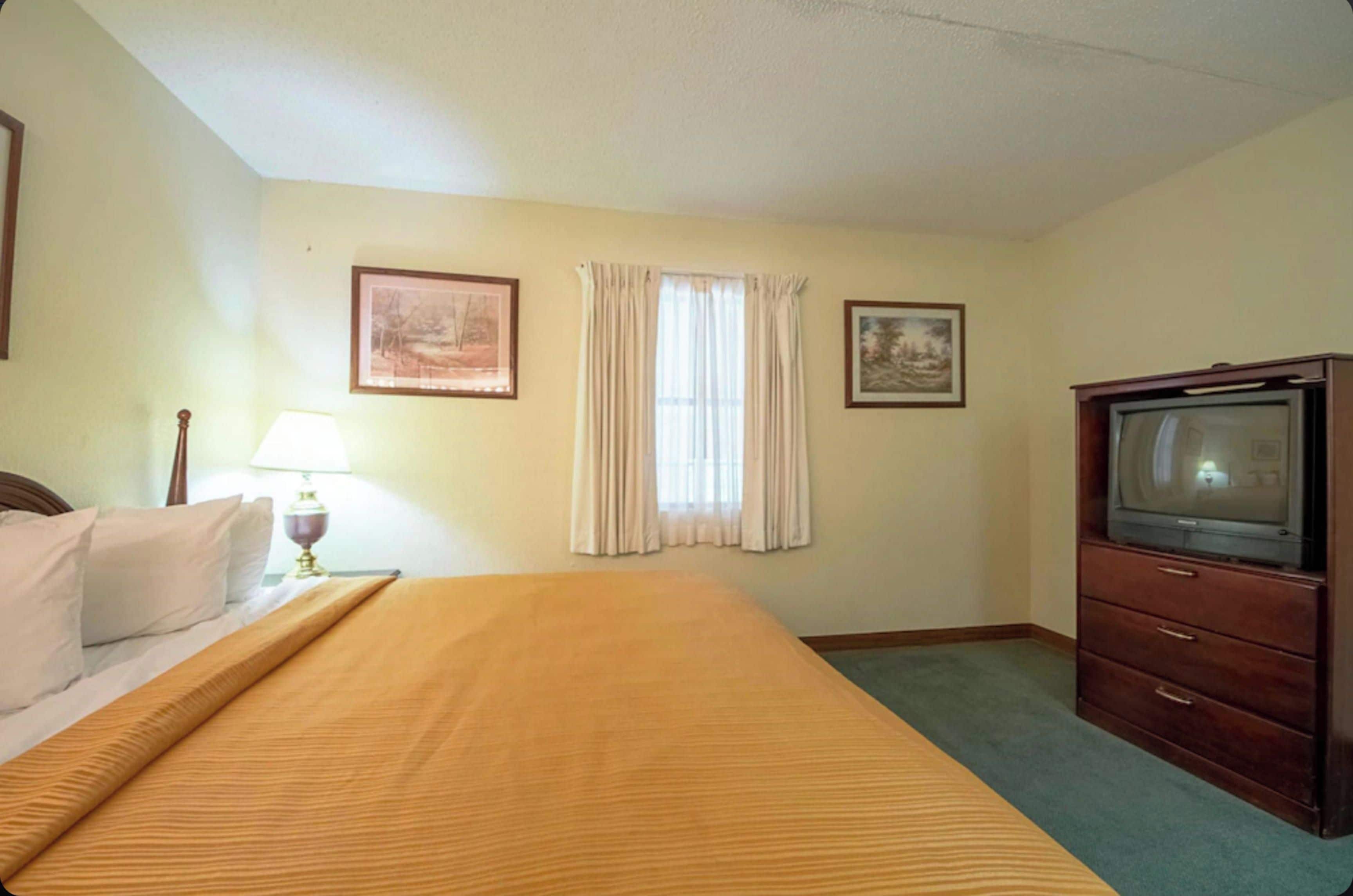 A hotel room with a bed, a television, a lamp, and two framed pictures on the wall.