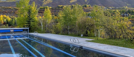 Outdoor pool, pool umbrellas, pool loungers