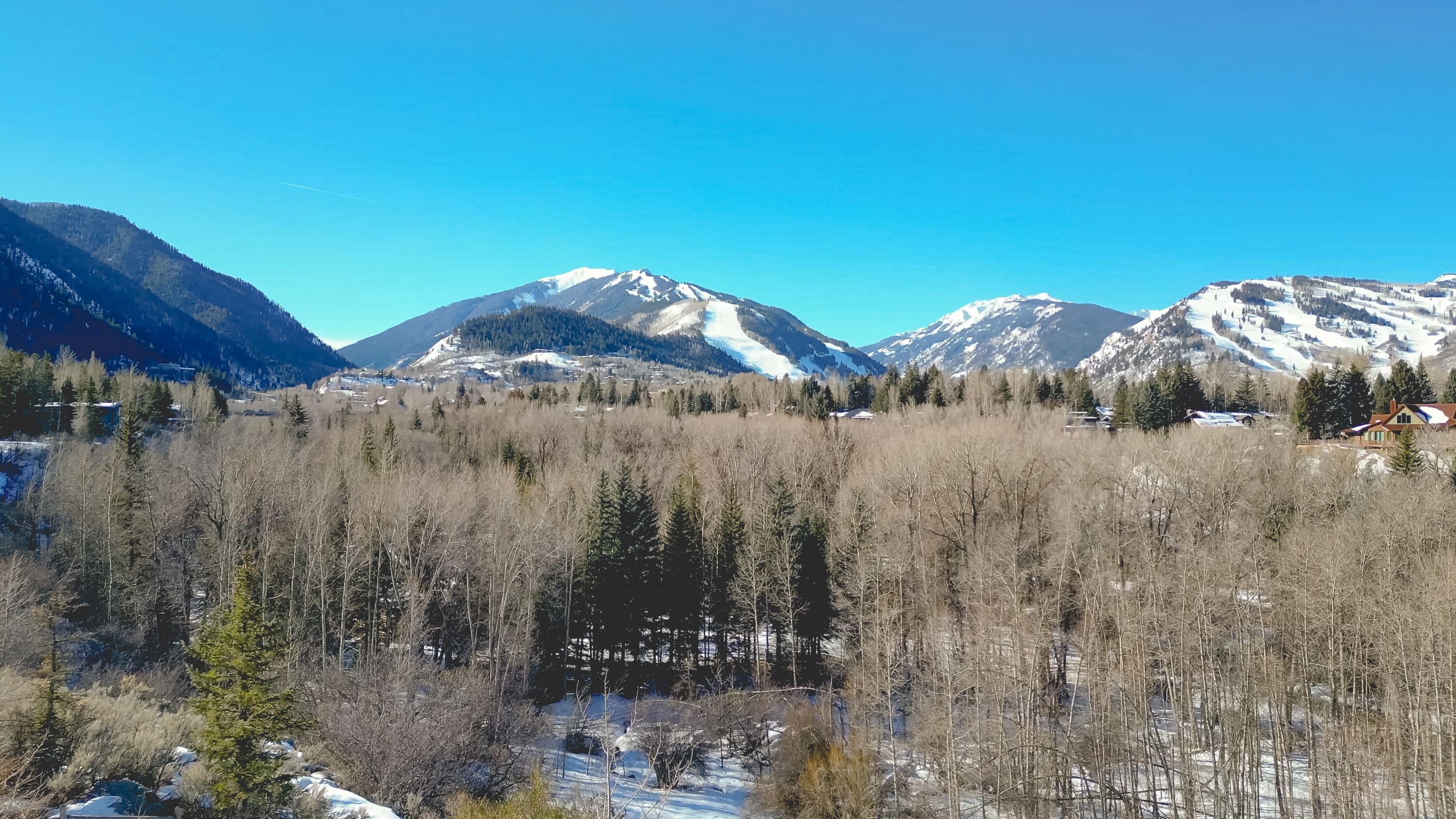 Paisagem montanhosa com picos cobertos de neve e um vale florestado.