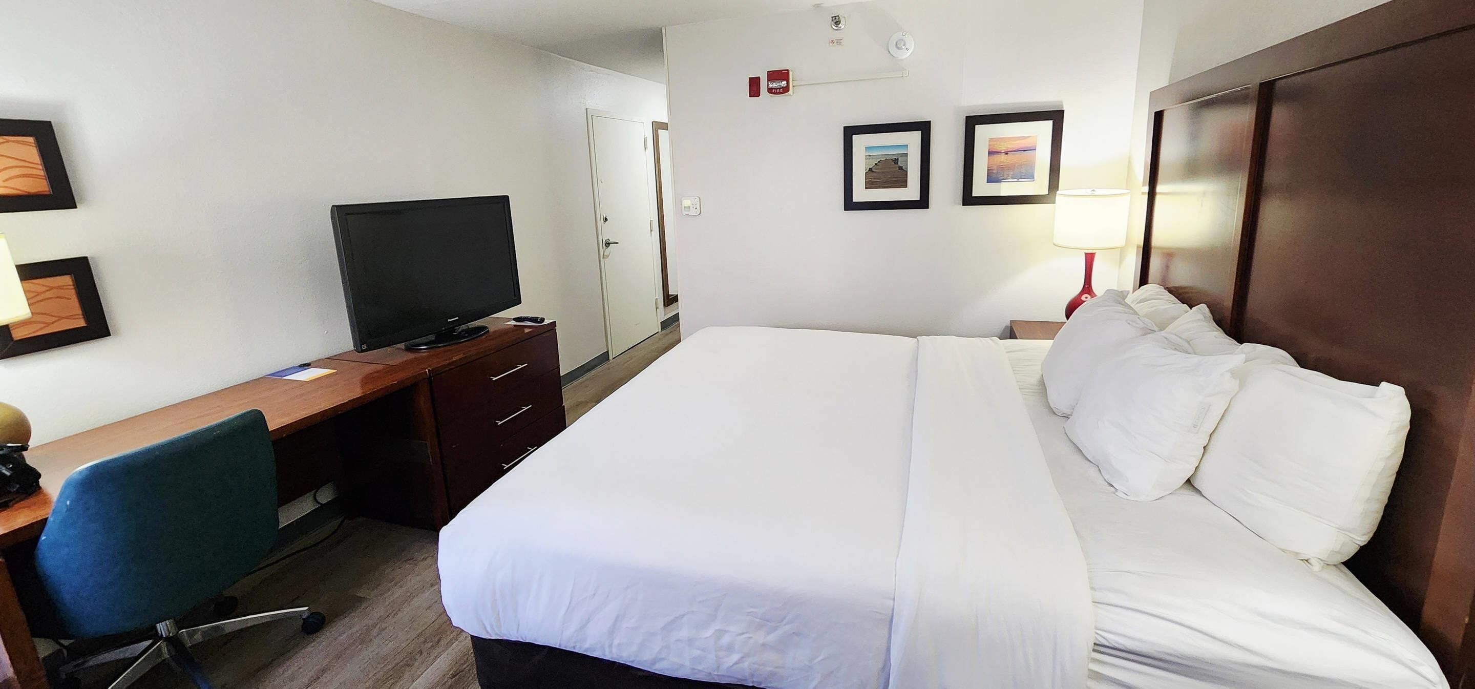 A hotel room with a bed, a desk with a television, a chair, and framed pictures on the wall.