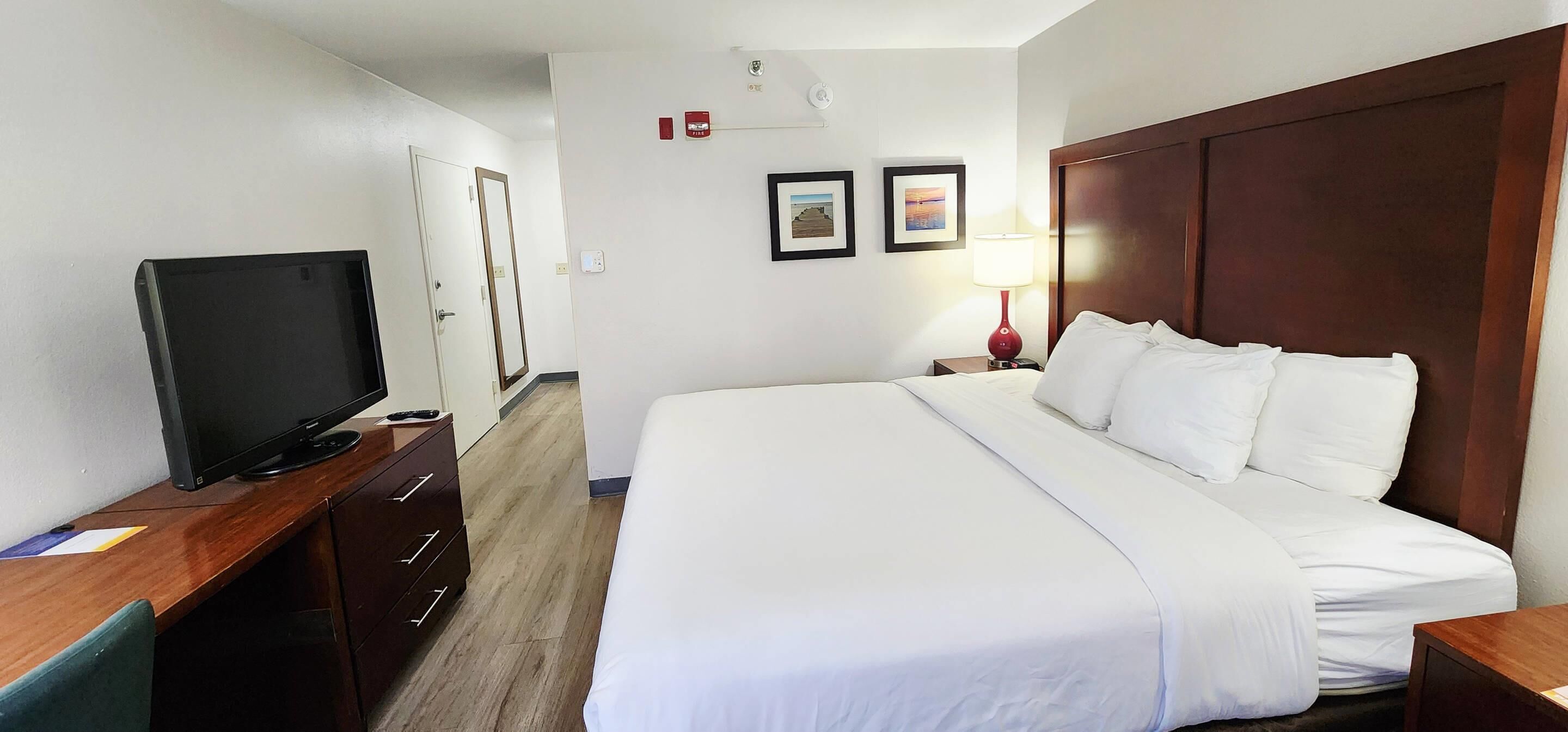 Habitación de hotel con cama, televisor sobre un escritorio de madera, mesita de noche con lámpara y cuadros en la pared.
