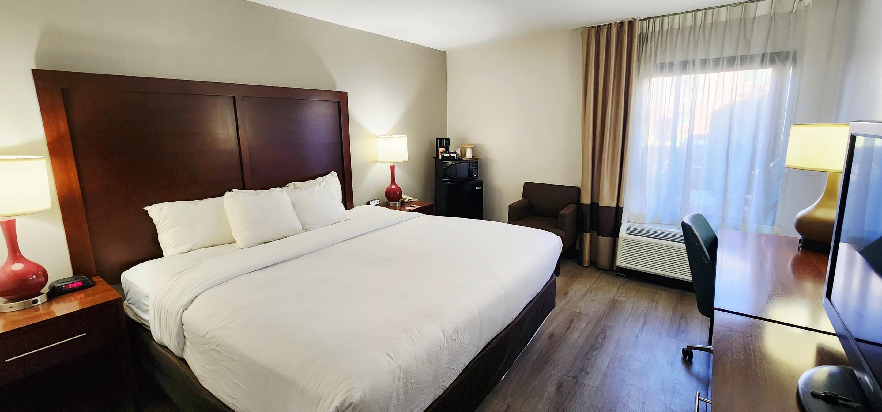 Una camera d'albergo con un letto grande, una scrivania con un computer, una TV e una sedia.