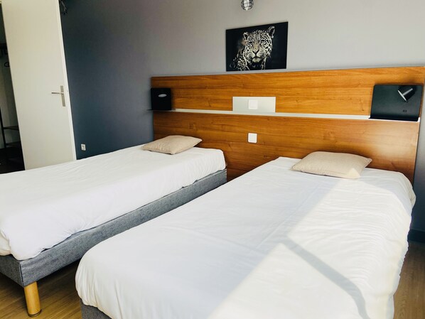 A hotel room with two single beds, a wooden headboard, a wall-mounted artwork, and a bedside table with a lamp. - Comfort Hotel Toulouse Sud (Ramonville-Saint-Agne)