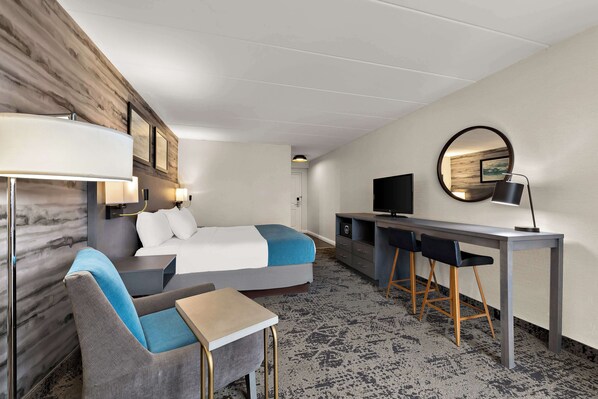 Una habitación de hotel con cama, escritorio, dos sillas, televisor y espejo.