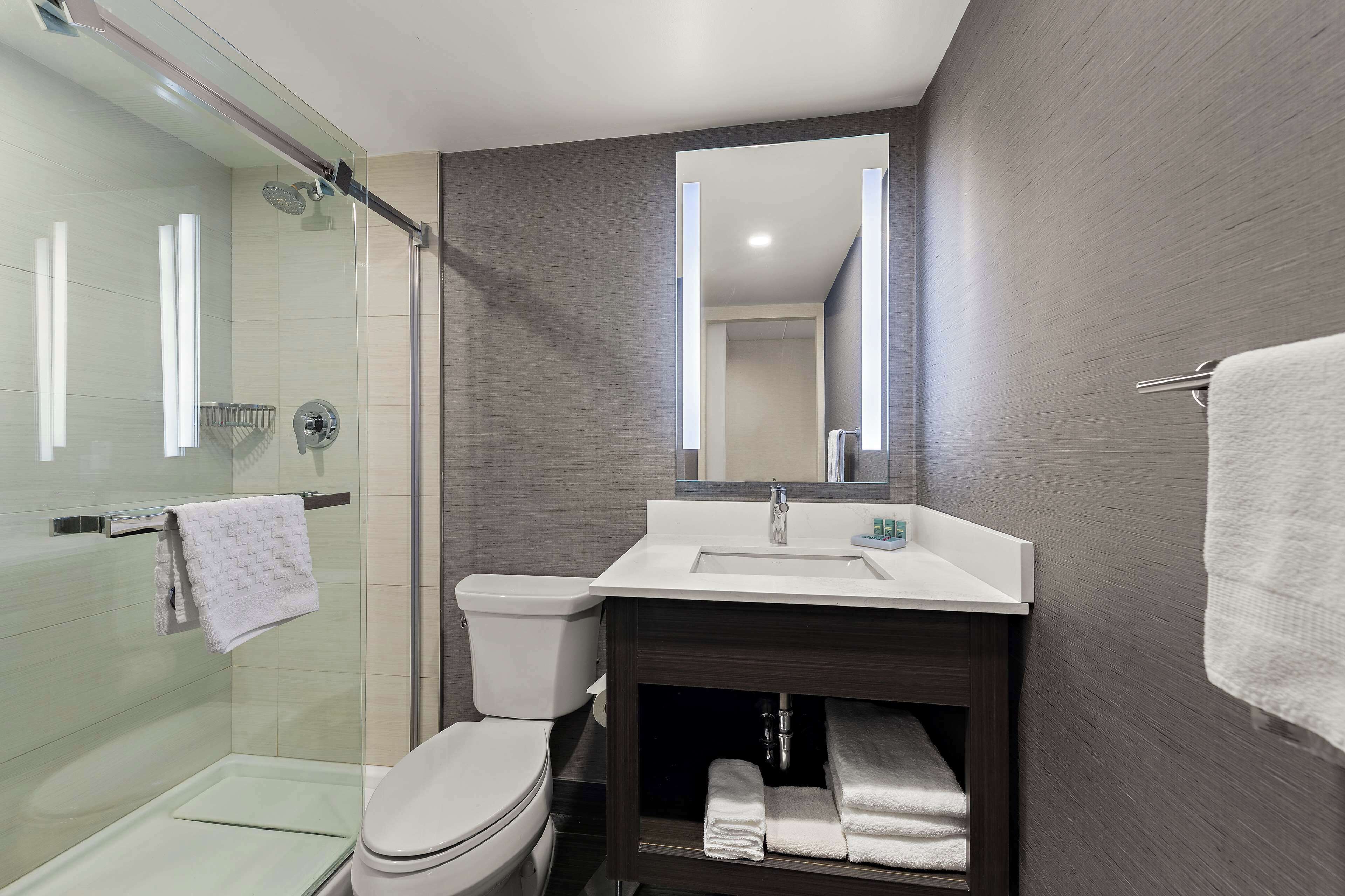 shower, hydromassage showerhead, free toiletries, hair dryer