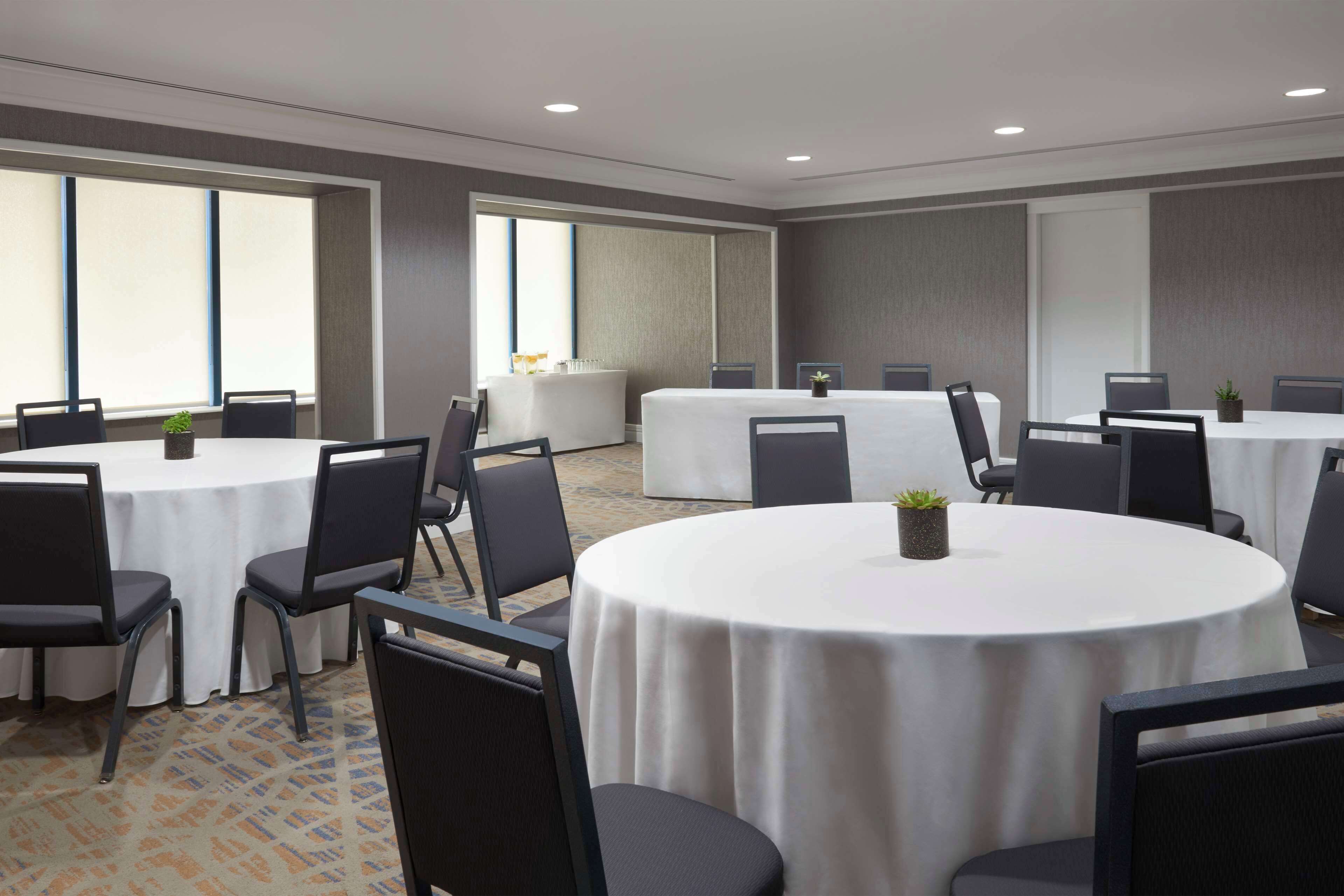 Una sala conferenze con tavoli e sedie rotonde, ampie finestre e pavimento rivestito di moquette.