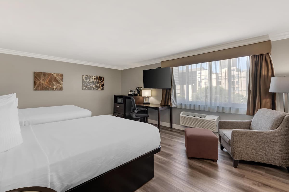 Standard Room, 2 Queen Beds, Refrigerator & Microwave, Corner | Egyptian cotton sheets, pillowtop beds, in-room safe, desk