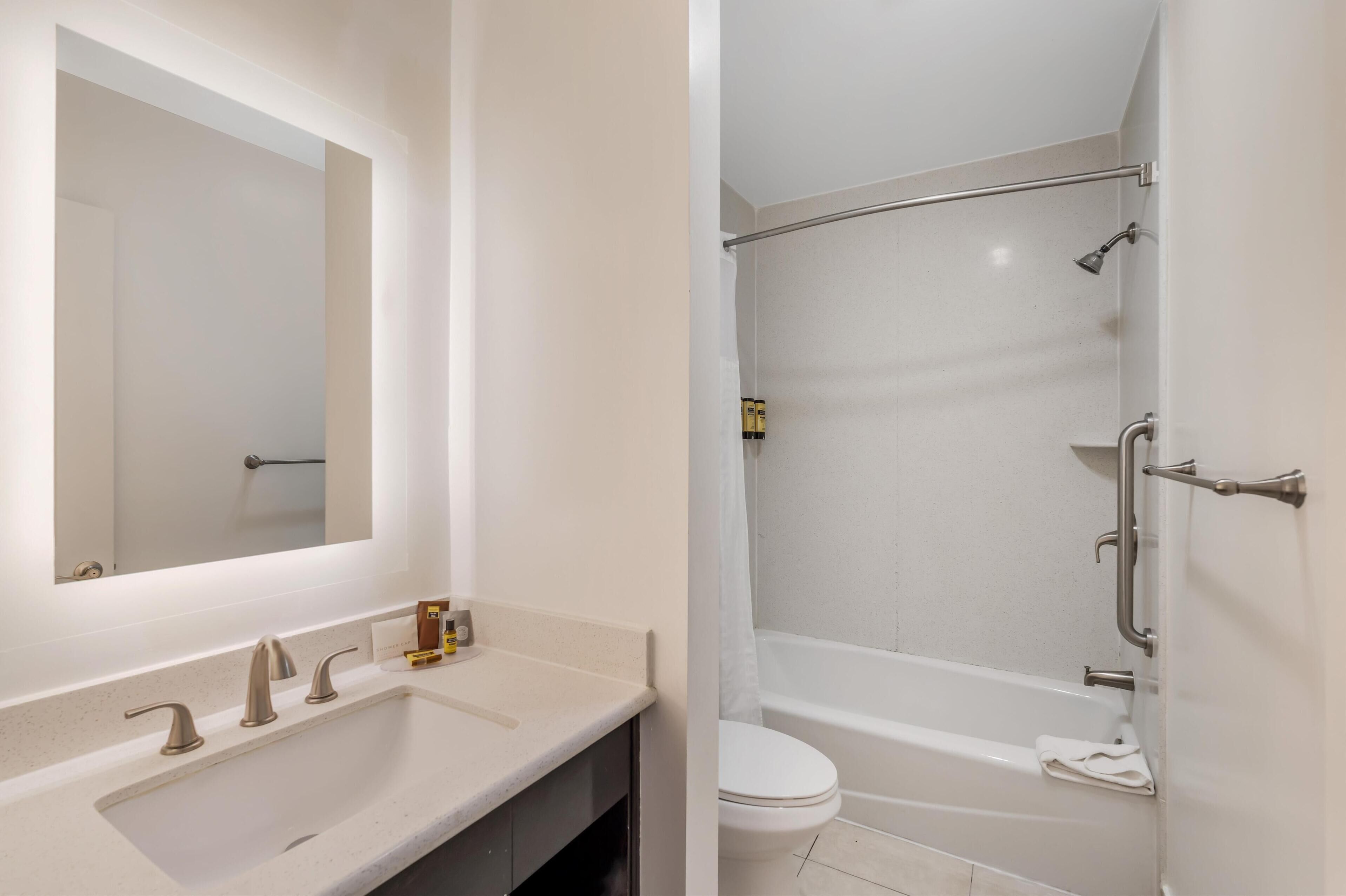 standard room, 1 king bed, non smoking, refrigerator & microwave | bathroom | free toiletries, hair dryer, towels