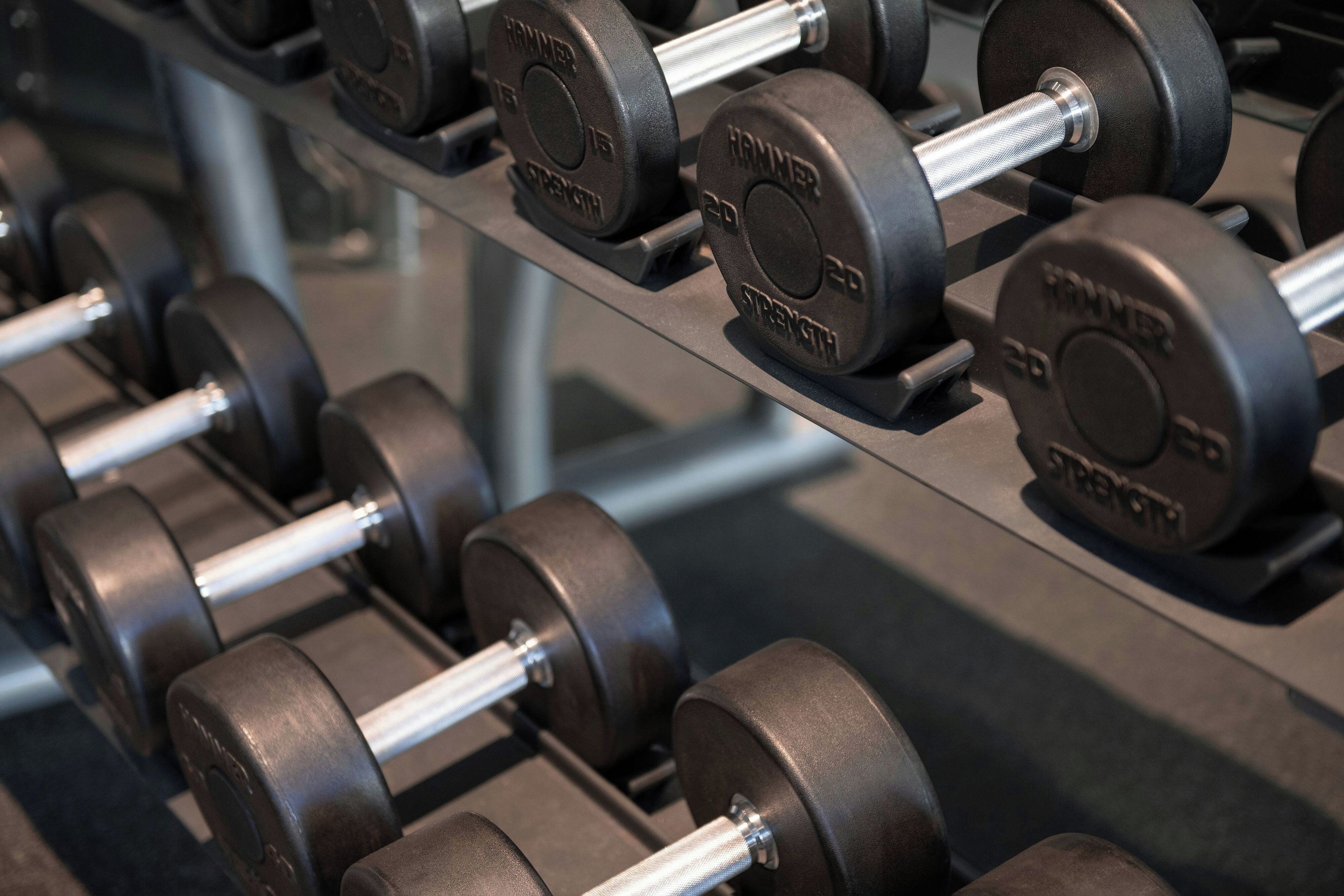 A rack of black dumbbells with weight markings.