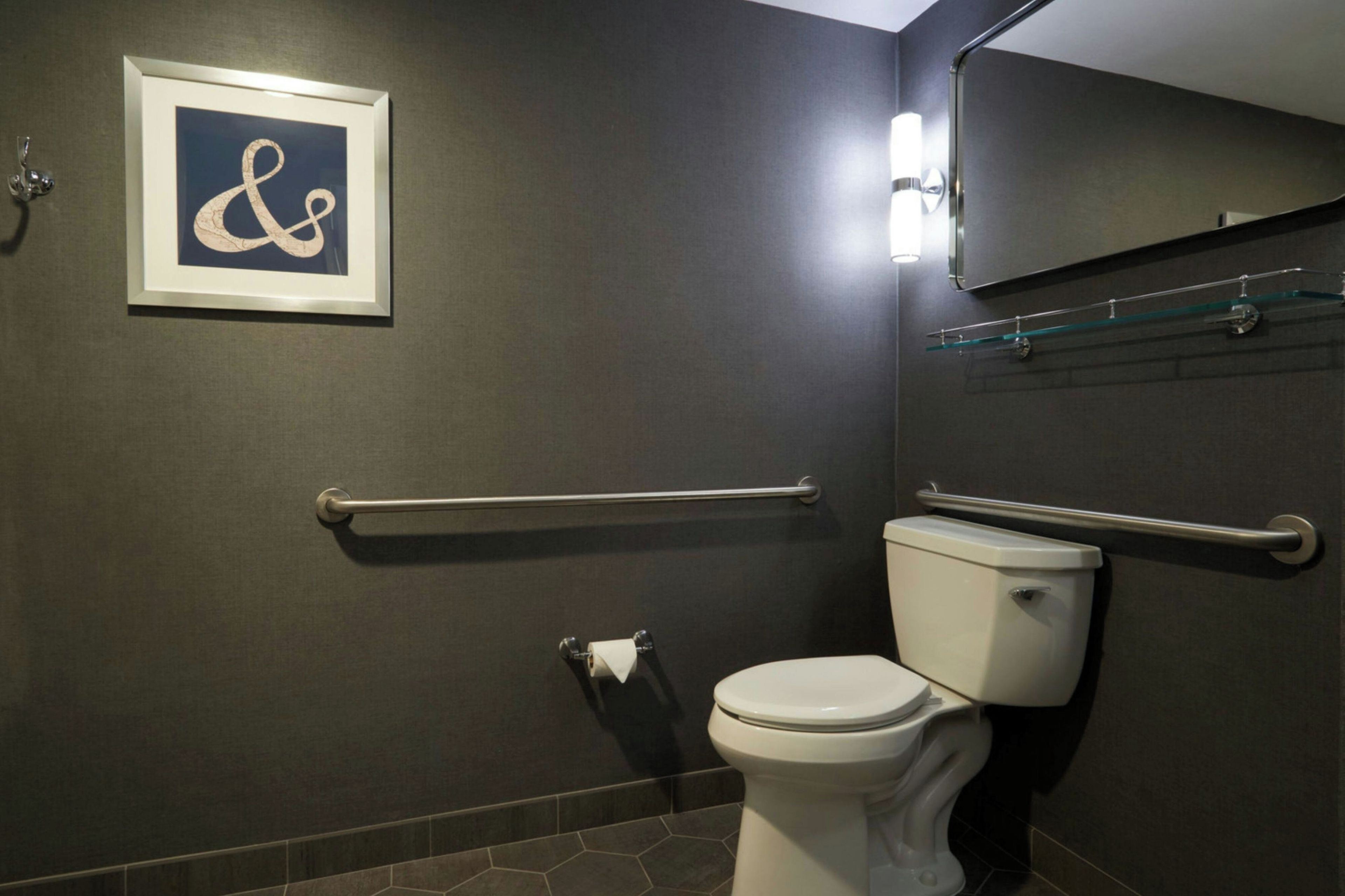 Une salle de bain équipée de toilettes, de barres d’appui, d’un panneau encadré et d’un miroir.
