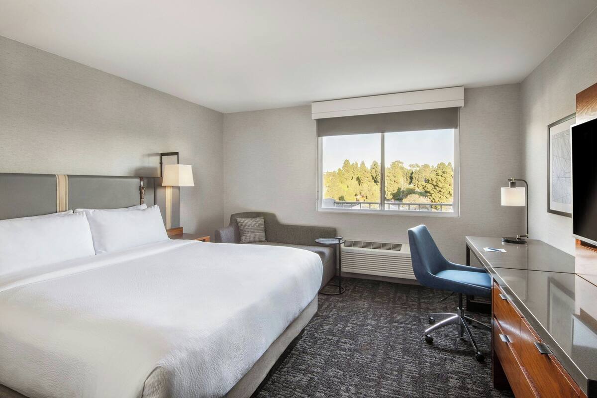A hotel room with a large bed, a desk with a chair, a TV, and a window with a view of trees.