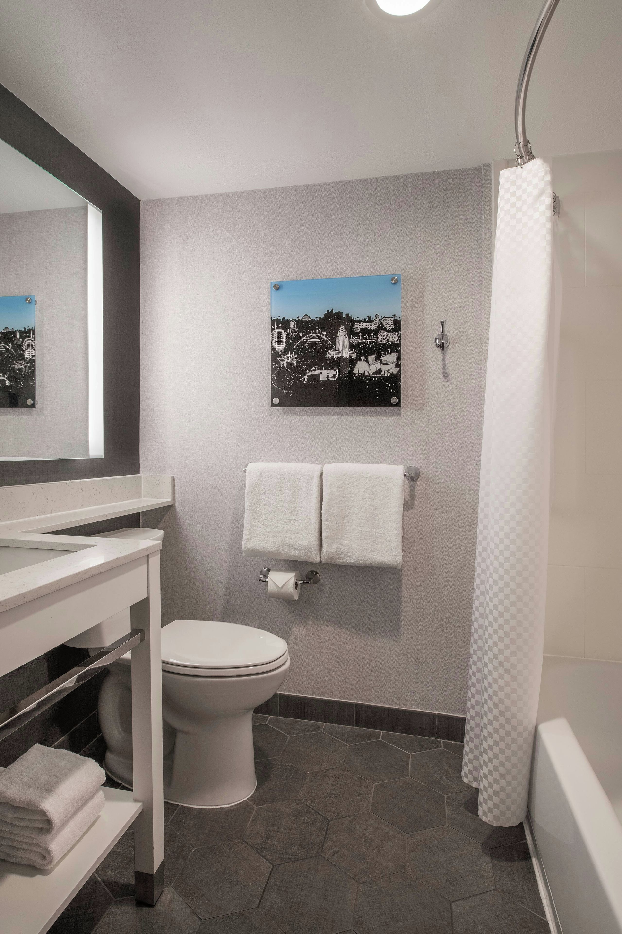 Un bagno con il water, un lavandino e una tenda per la doccia.