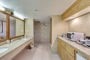 Premium Room, 2 Queen Beds, Non Smoking, Fireplace | Bathroom | Combined shower/tub, free toiletries, hair dryer, towels