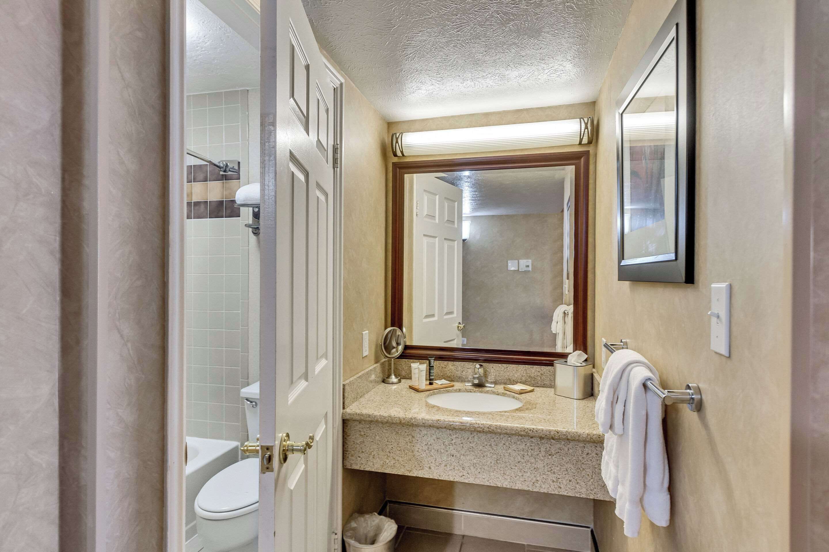 Ein Badezimmer mit Waschbecken, Spiegel, Handtuchhalter und Toilette.