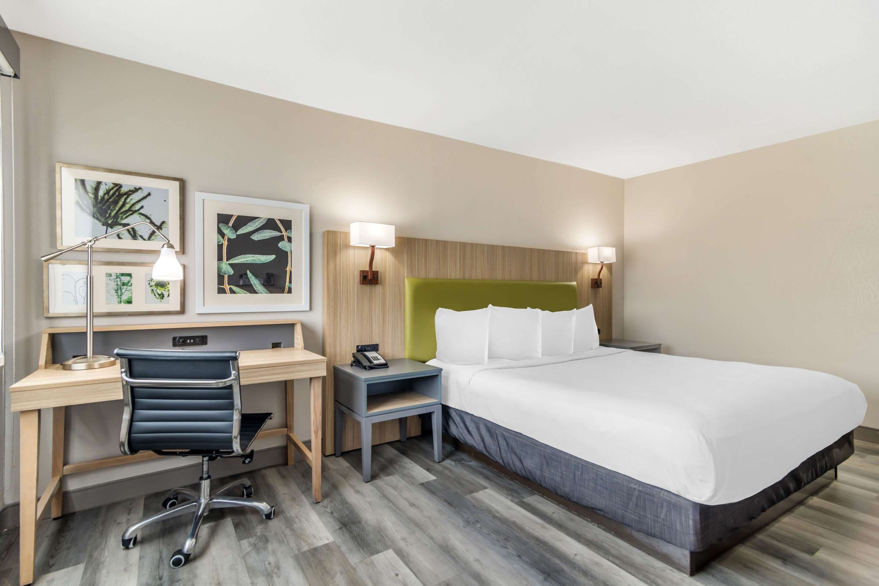 A hotel room with a bed, desk, chair, and two wall-mounted lamps.