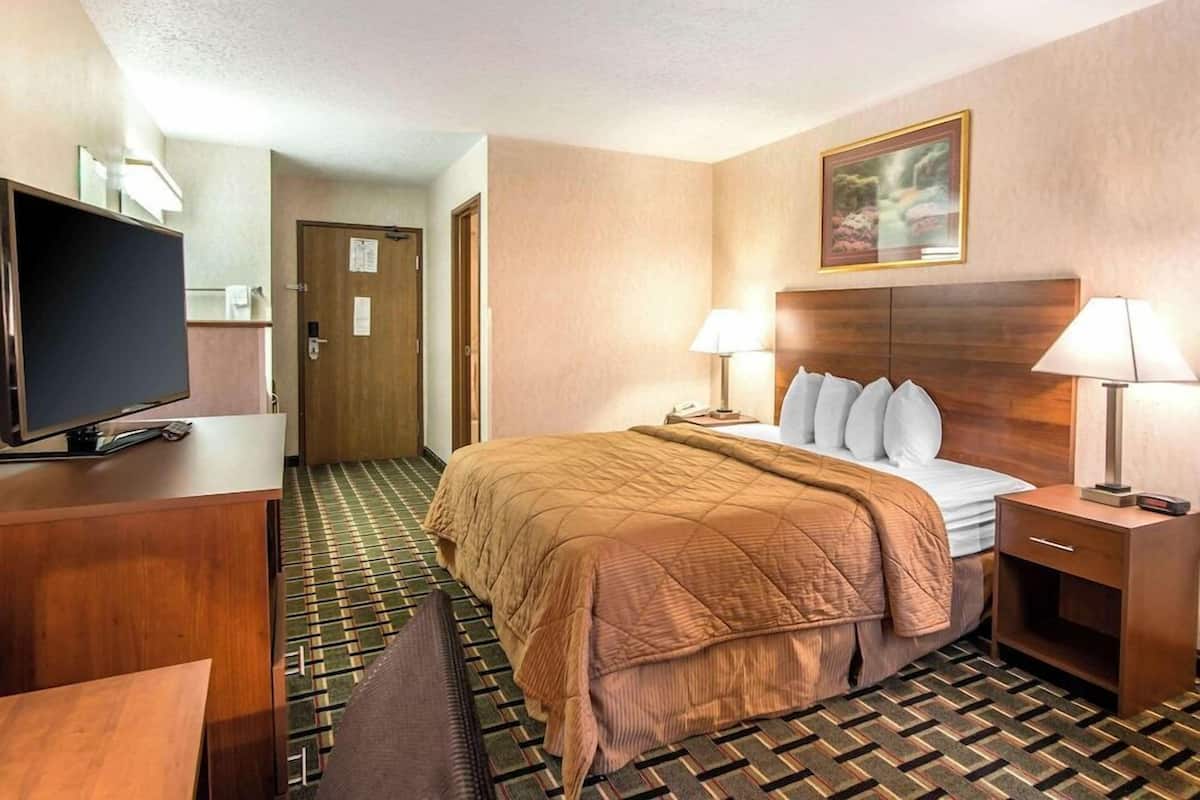 Una habitación de hotel con una cama, lámparas de noche, televisor, escritorio y una silla.
