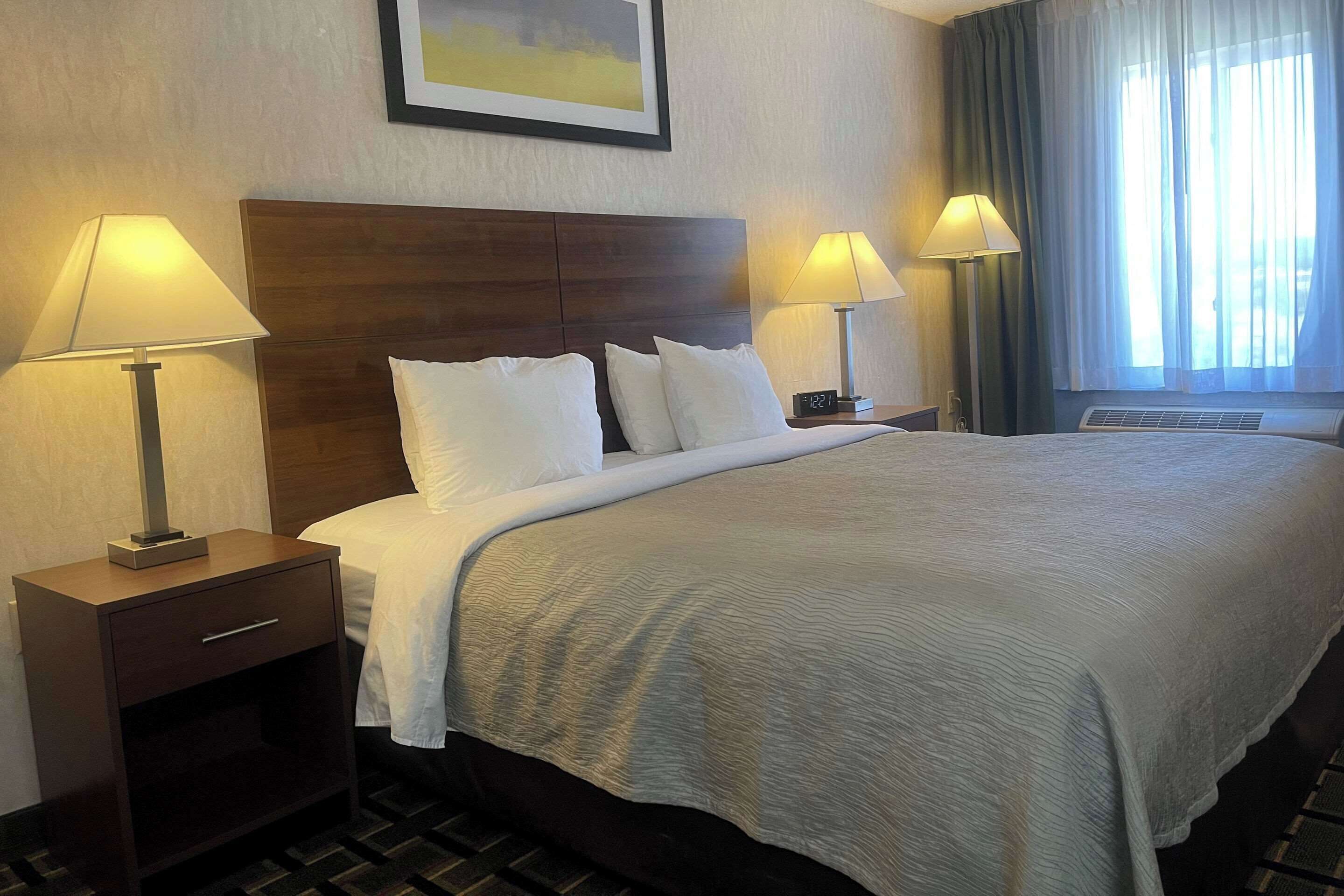 Una habitación de hotel con una cama grande, dos mesitas de noche con lámparas, una mesita auxiliar con cajón y una ventana con cortinas.