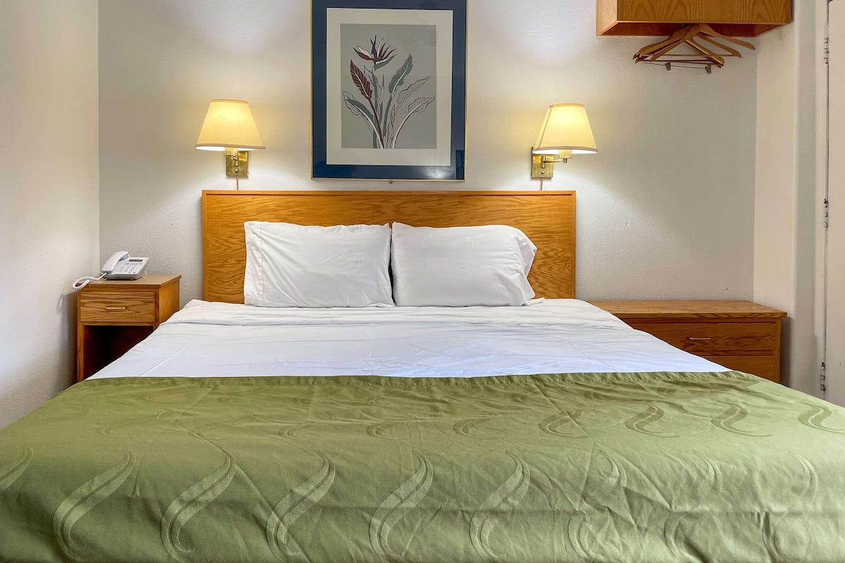 A neatly made bed with a green bedspread, two bedside lamps, a wooden headboard, a framed botanical print on the wall, and a telephone on the nightstand.