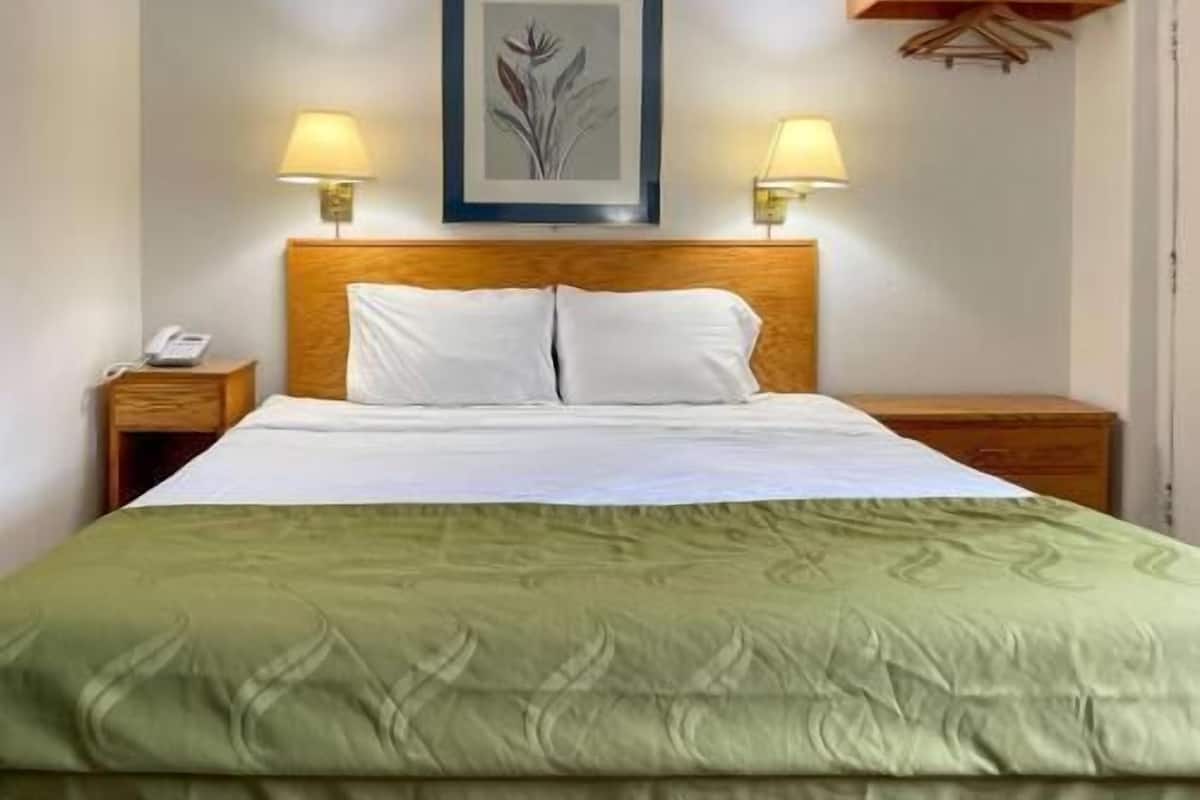 A neatly made bed with a green bedspread, two bedside lamps, a framed artwork on the wall, and a wooden headboard.