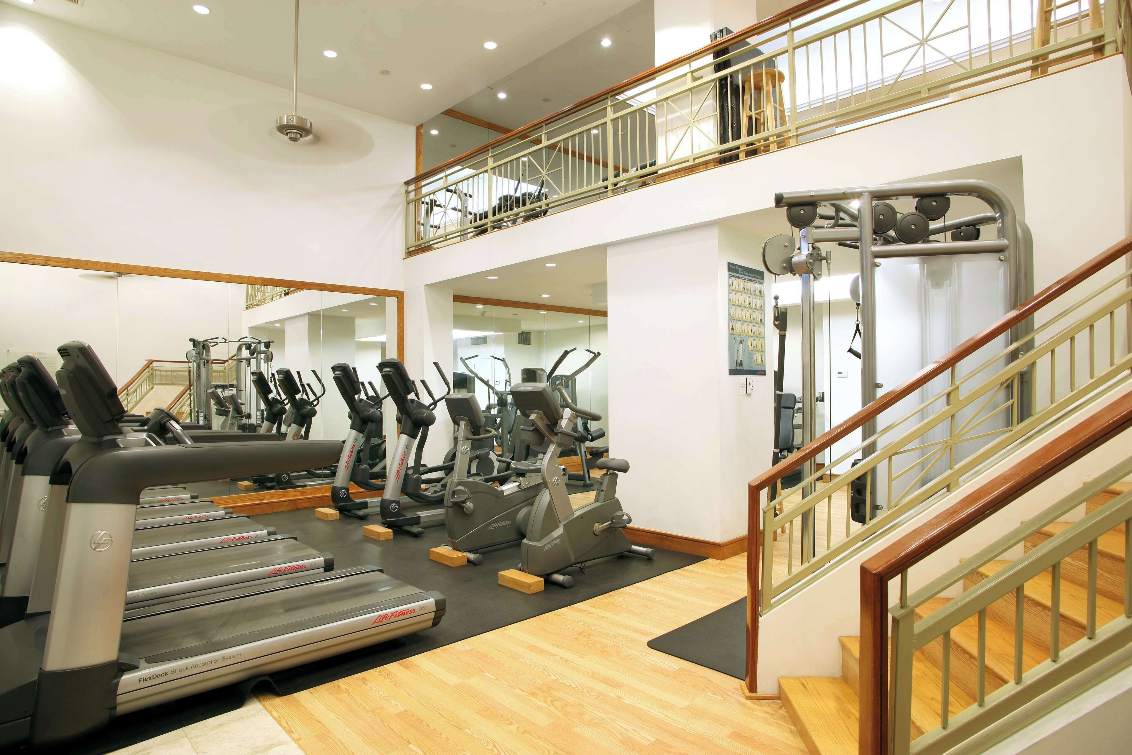 Un gimnasio de varios niveles con cintas de correr, elípticas y equipo de pesas.