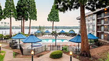 Outdoor pool, pool umbrellas, sun loungers