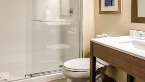 A modern bathroom with a glass shower enclosure, a white toilet, and a wooden vanity with a sink.