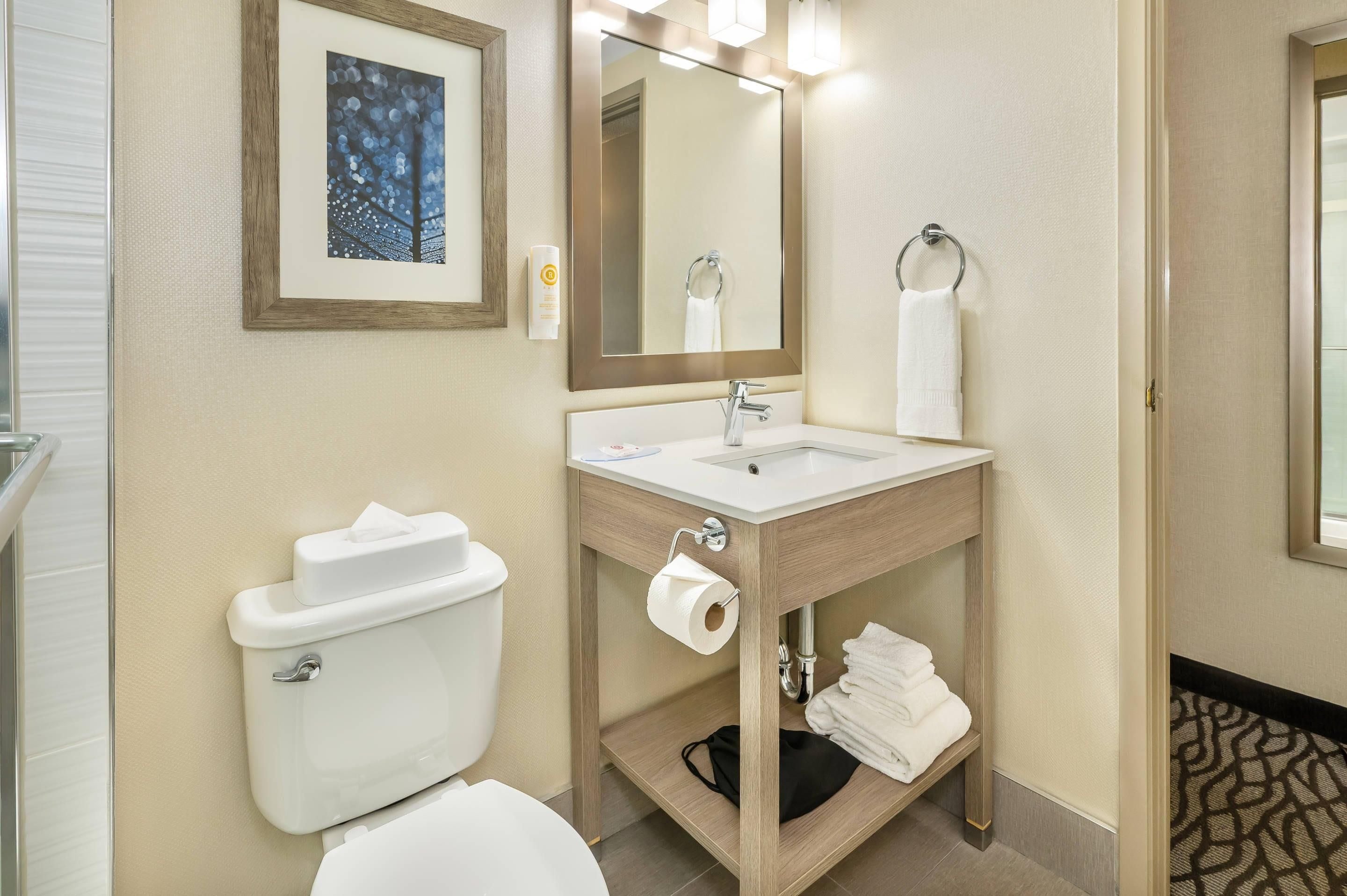 A hotel bathroom with a toilet, sink, mirror, and towel rack.