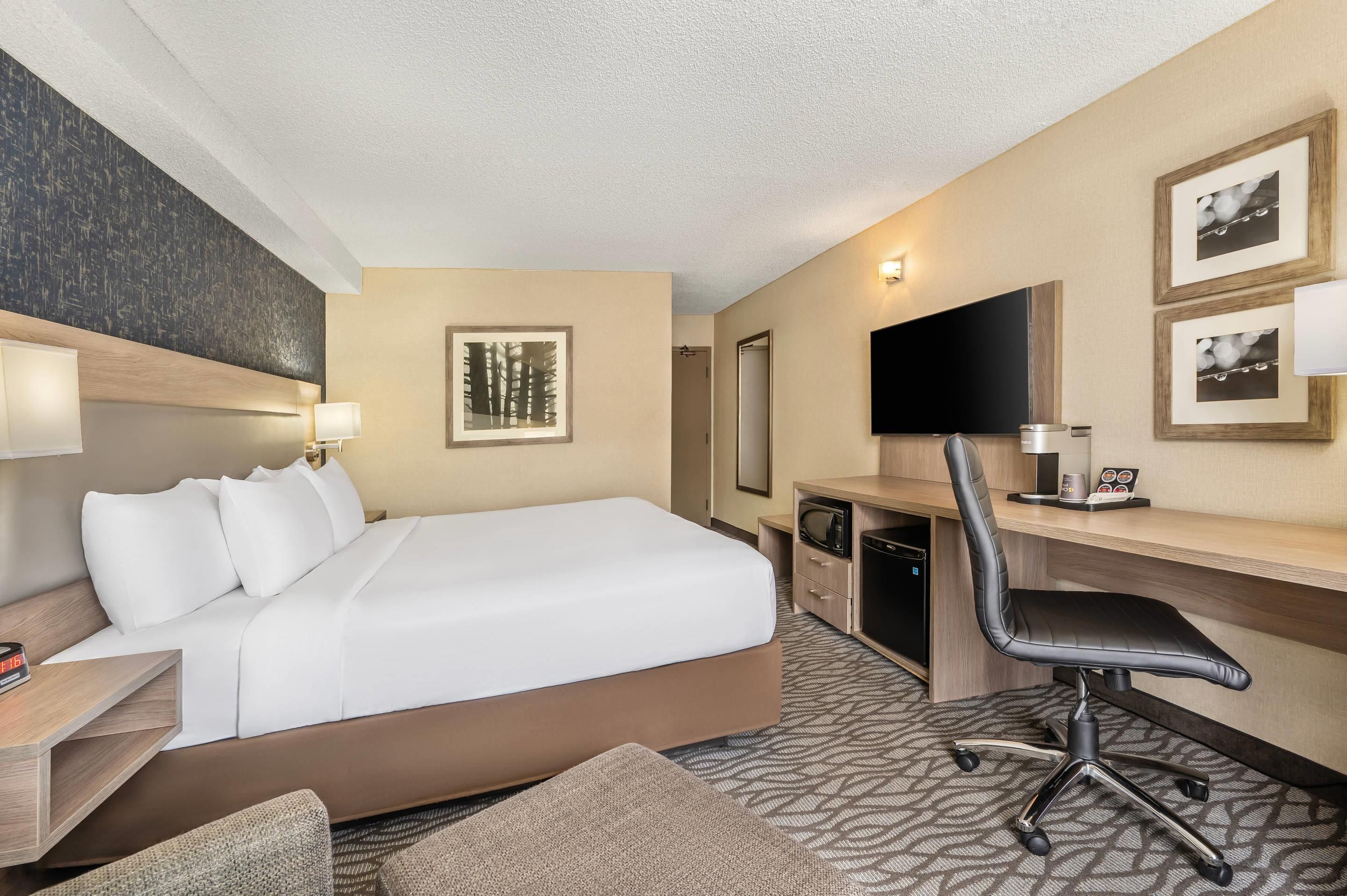 A hotel room with a bed, desk, chair, TV, and a framed picture on the wall.