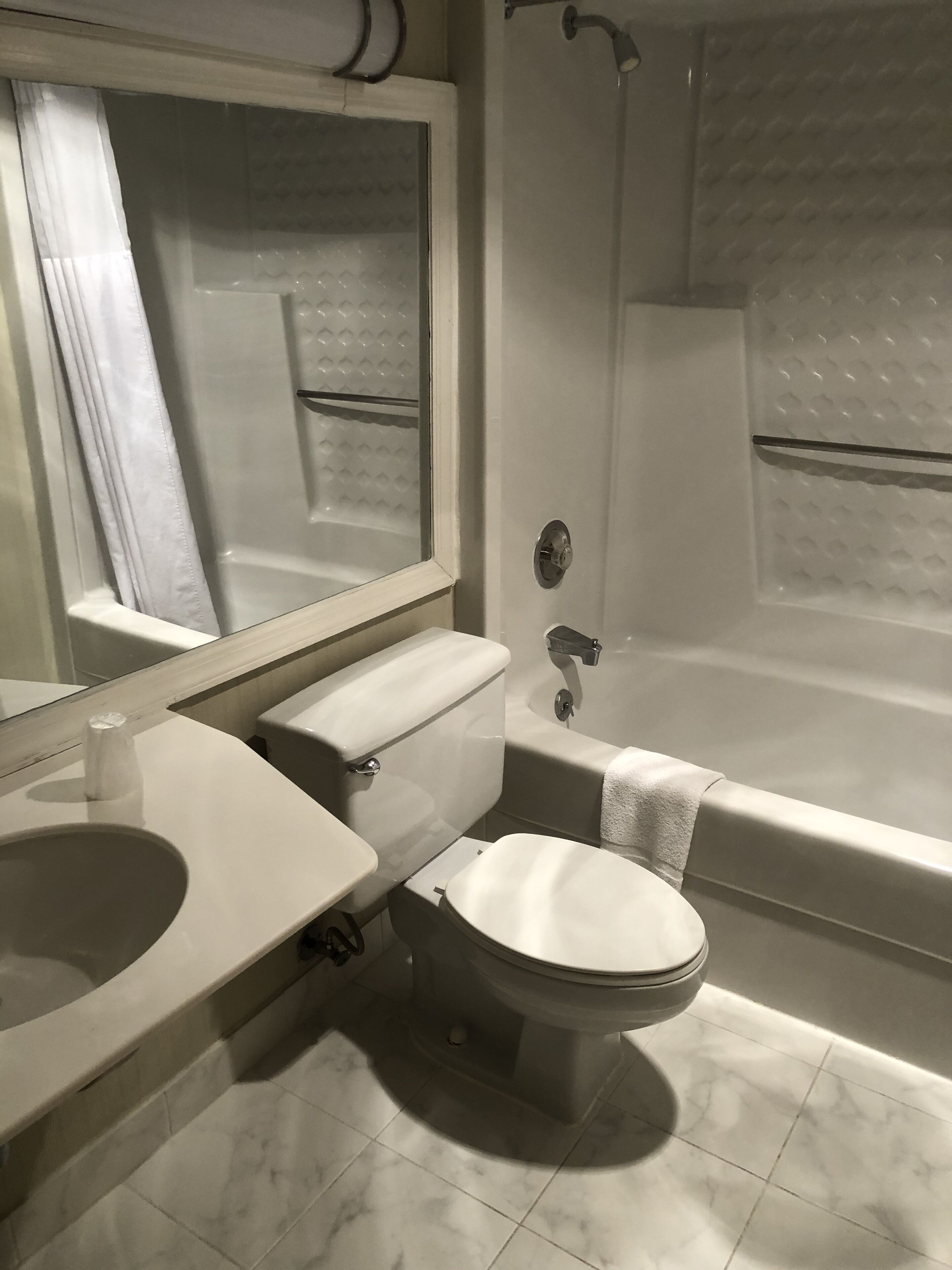 combined shower/bathtub, free toiletries, hair dryer, towels