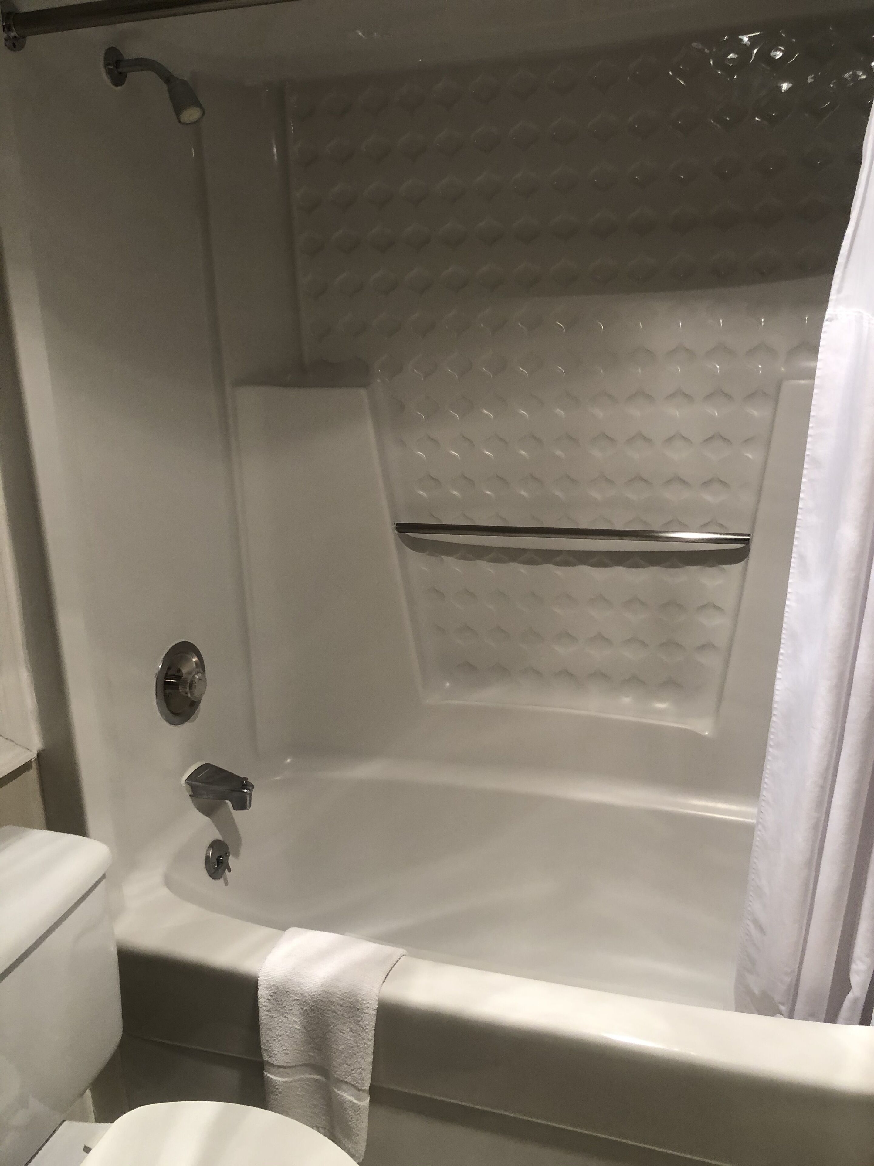combined shower/bathtub, free toiletries, hair dryer, towels
