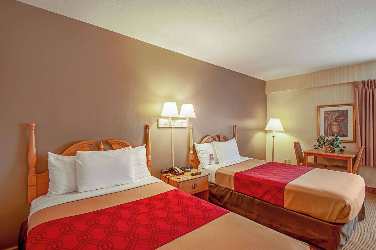 A hotel room with two beds, each with a wooden headboard, a bedside table with a lamp, and a small table with a plant.