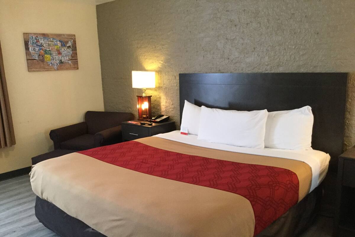 A hotel room with a large bed, a nightstand with a lamp, a sofa, and a wall decoration.