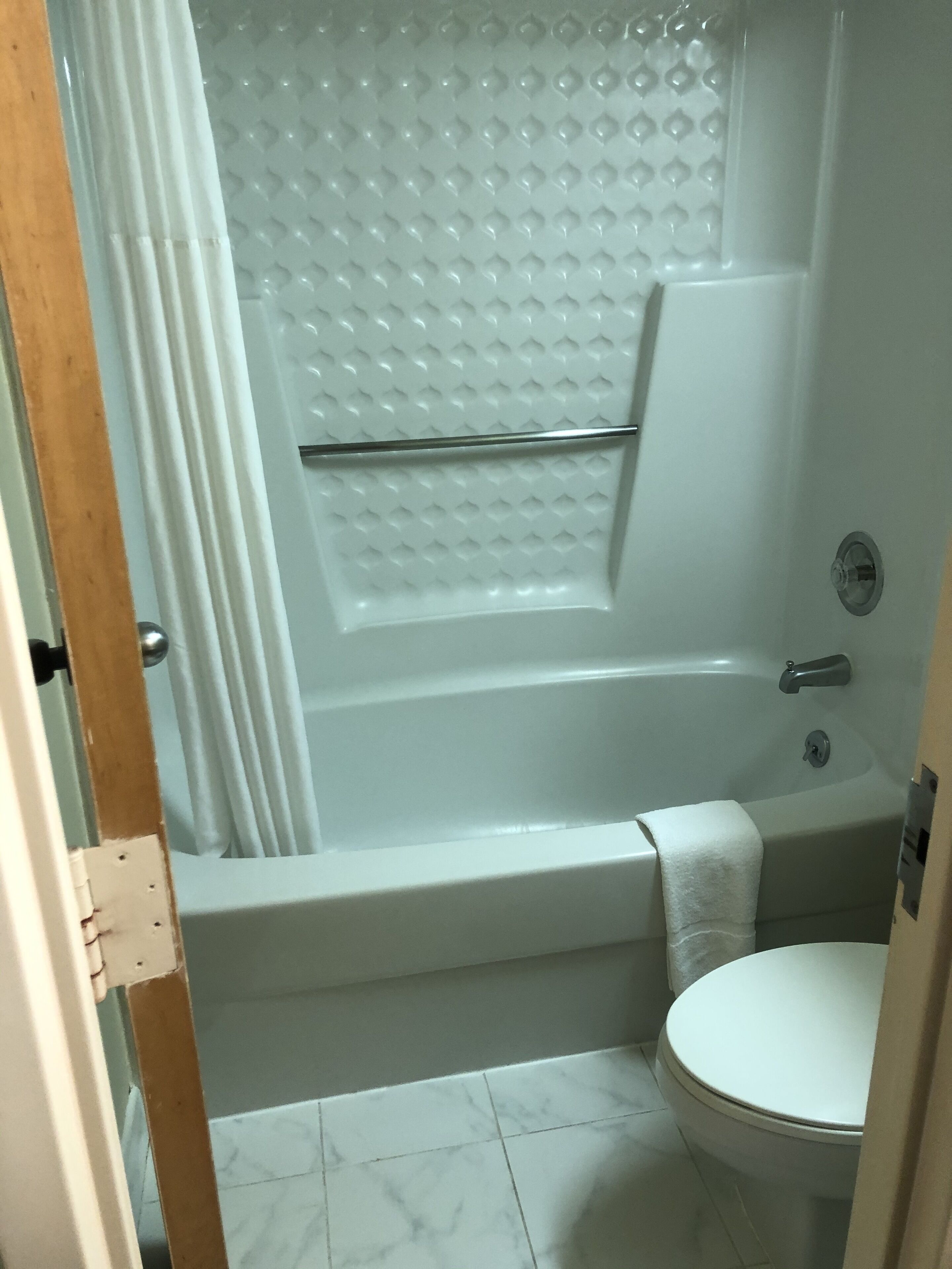 combined shower/bathtub, free toiletries, hair dryer, towels