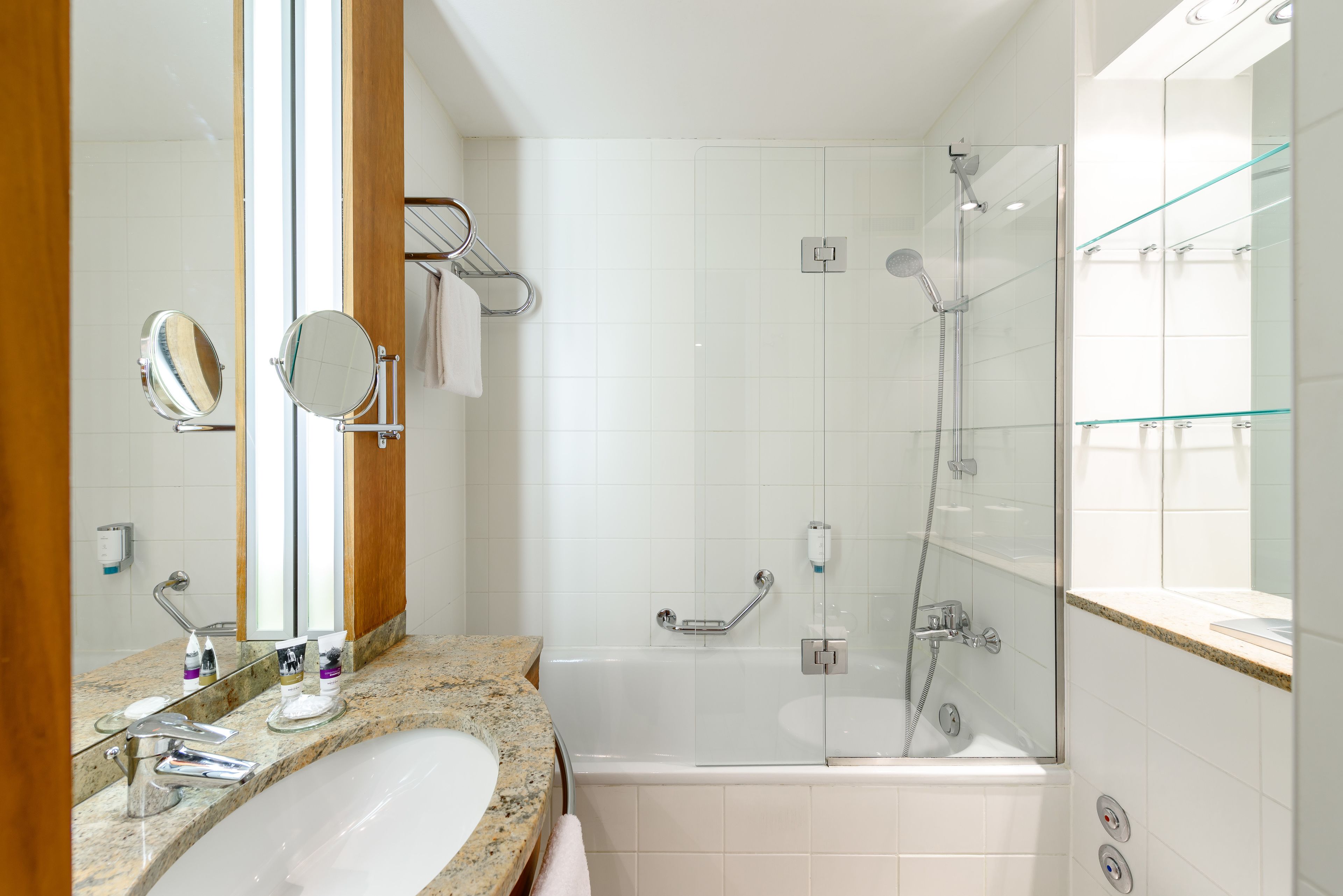 eco-friendly toiletries, hair dryer, towels, soap