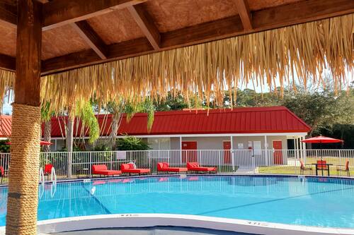 Outdoor pool, pool umbrellas, pool loungers