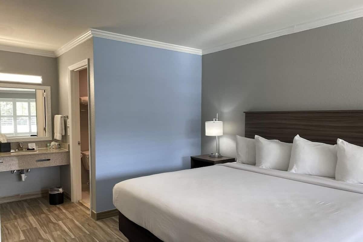 A hotel room with a bed, a nightstand with a lamp, a bathroom with a sink and mirror, and a view of the outdoors.