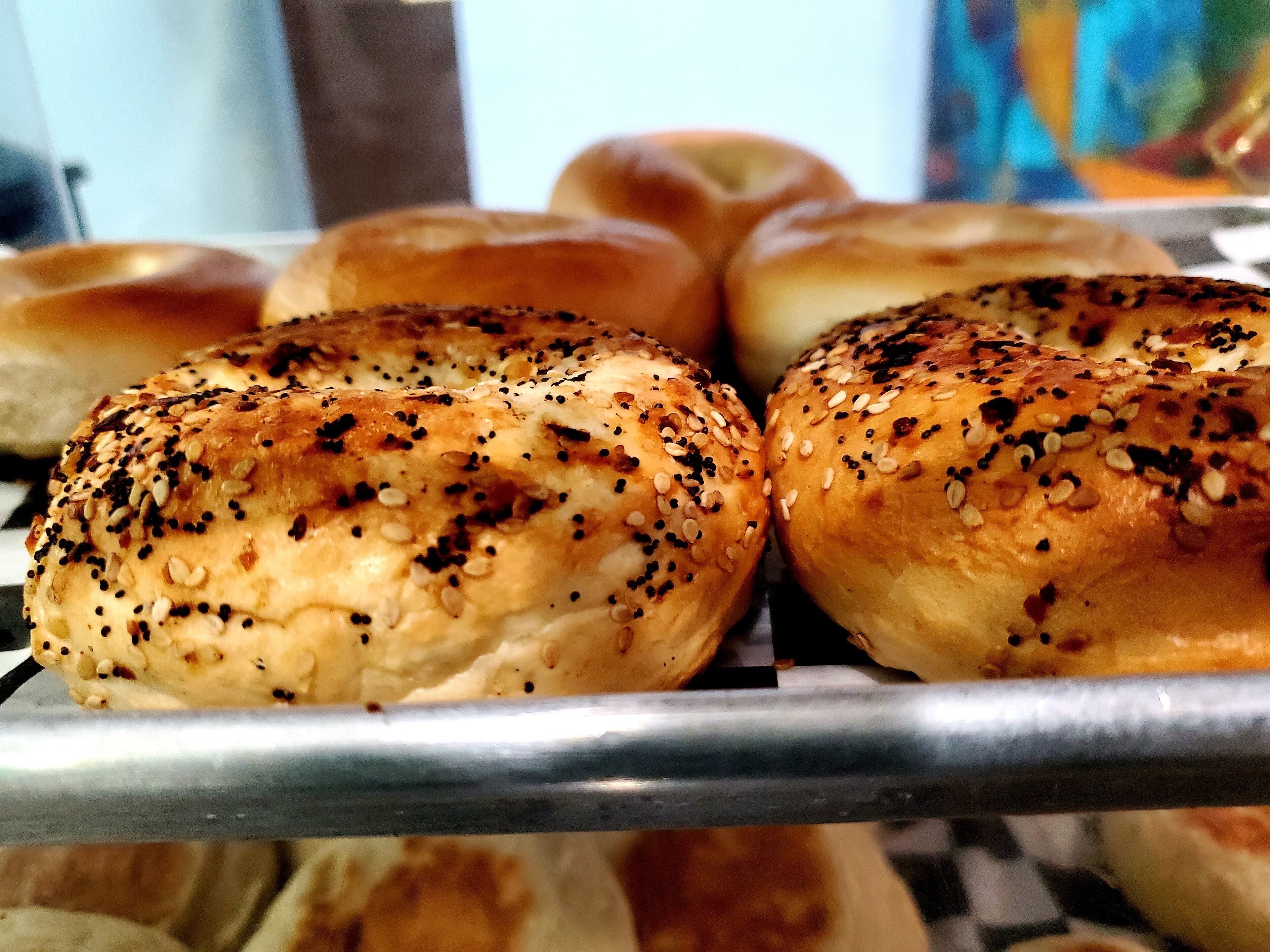 A tray of freshly baked bread rolls with sesame seeds on a metal rack.