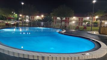 Outdoor pool, pool umbrellas, sun loungers
