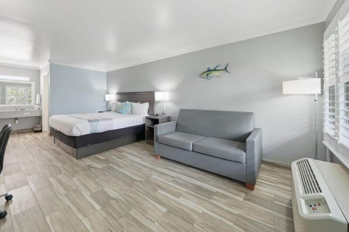 A hotel room with a bed, a gray sofa, a nightstand, a lamp, a wall decoration, and a window.