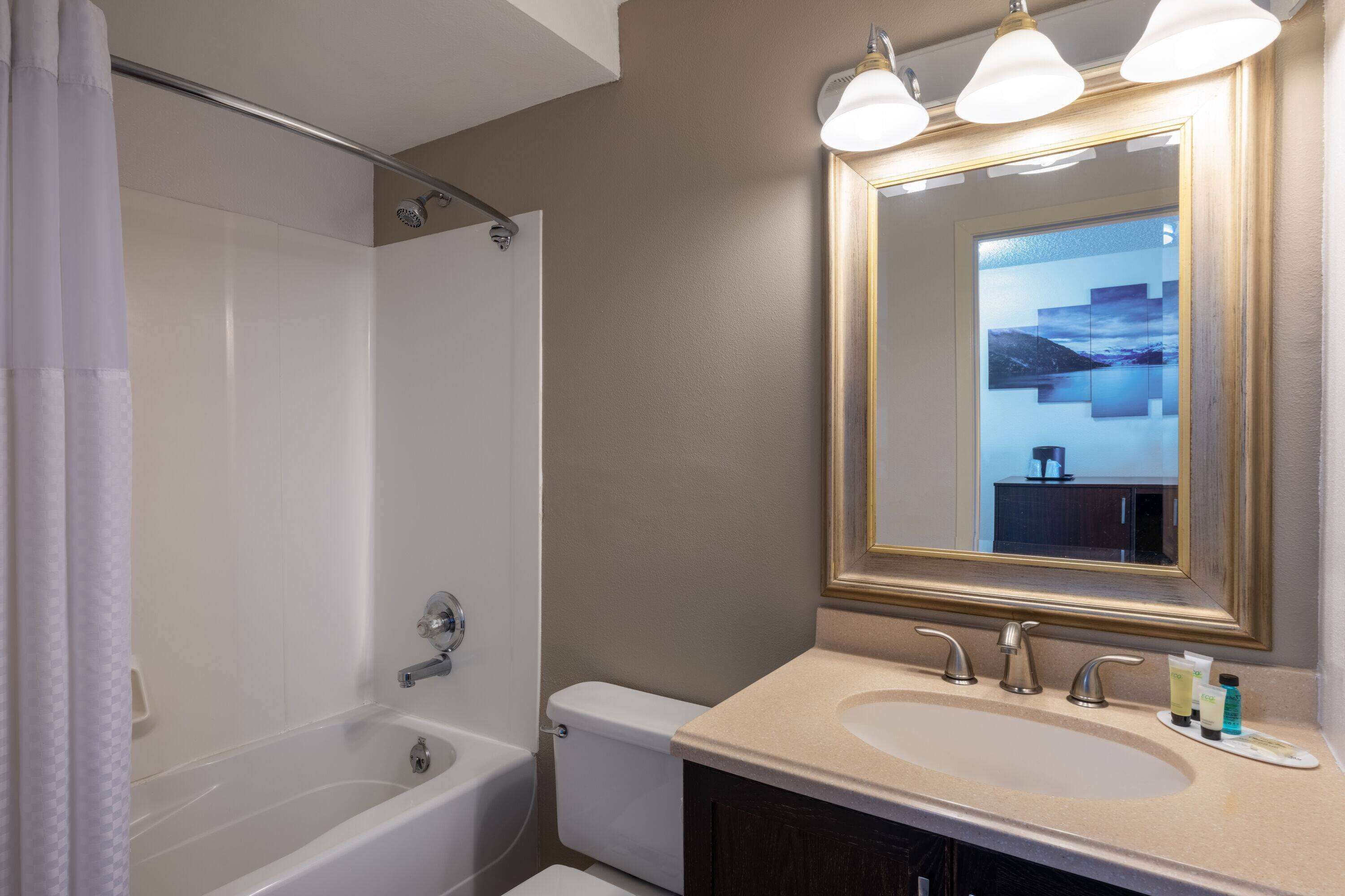 A bathroom with a bathtub, toilet, sink, and a large mirror with a framed artwork.