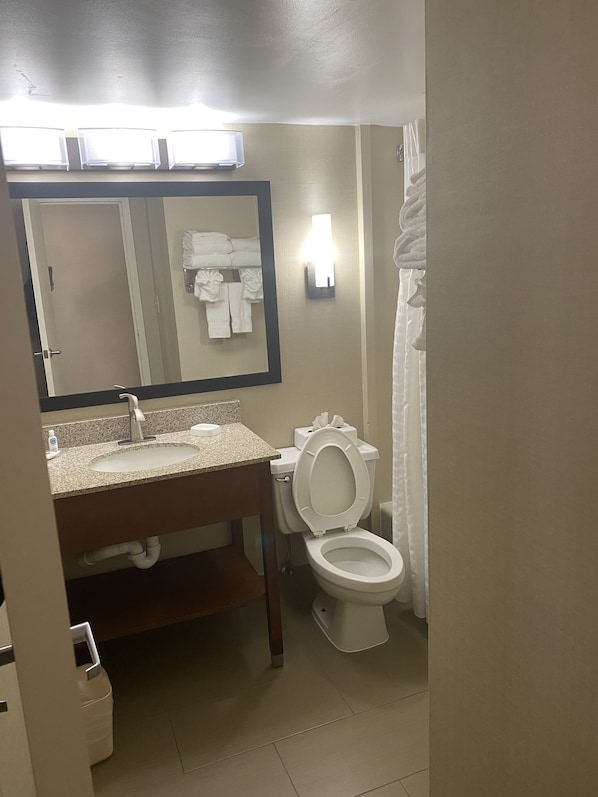 A bathroom with a sink, mirror, toilet, and towel rack.