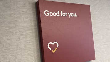 A red box with the text "Good for you." and a heart symbol on a textured surface.