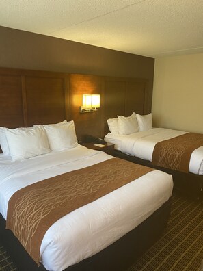 A hotel room with two beds, each with white bedding and brown decorative pillows. There is a wall-mounted light fixture above the beds.