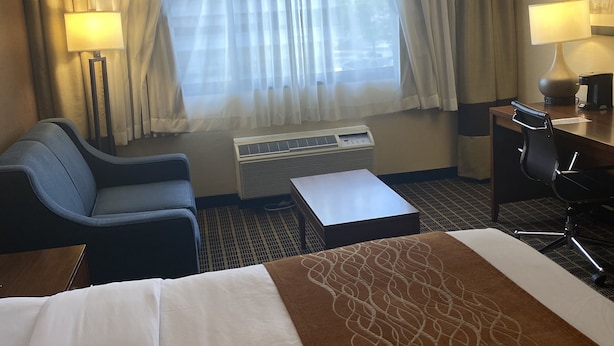 A hotel room with a bed, a desk, a chair, a sofa, a lamp, and an air conditioning unit. - Comfort Inn Springfield (Springfield)