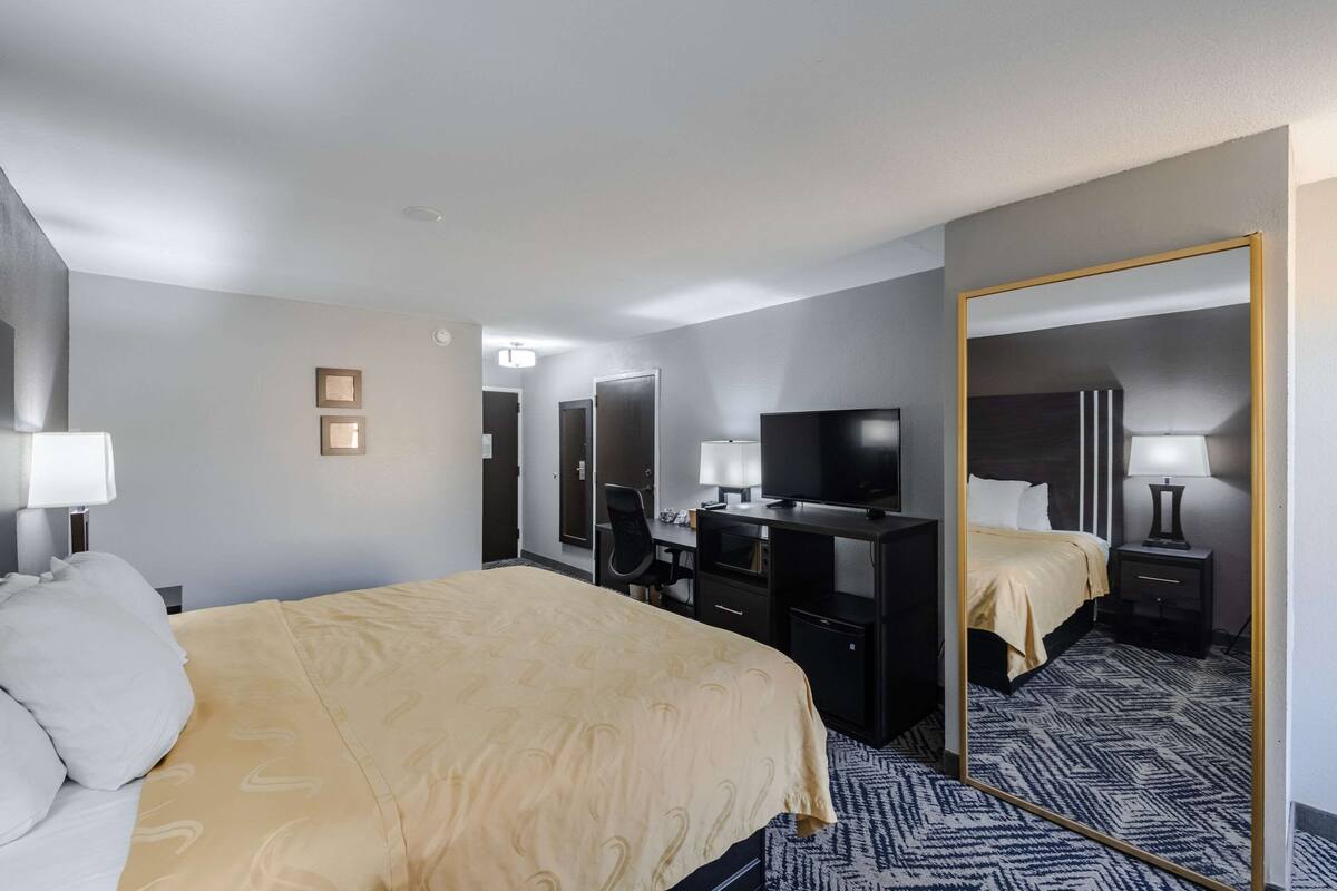 Ein Hotelzimmer mit einem großen Bett, einem Schreibtisch, einem Fernseher, einem Spiegel und einem Kleiderschrank.