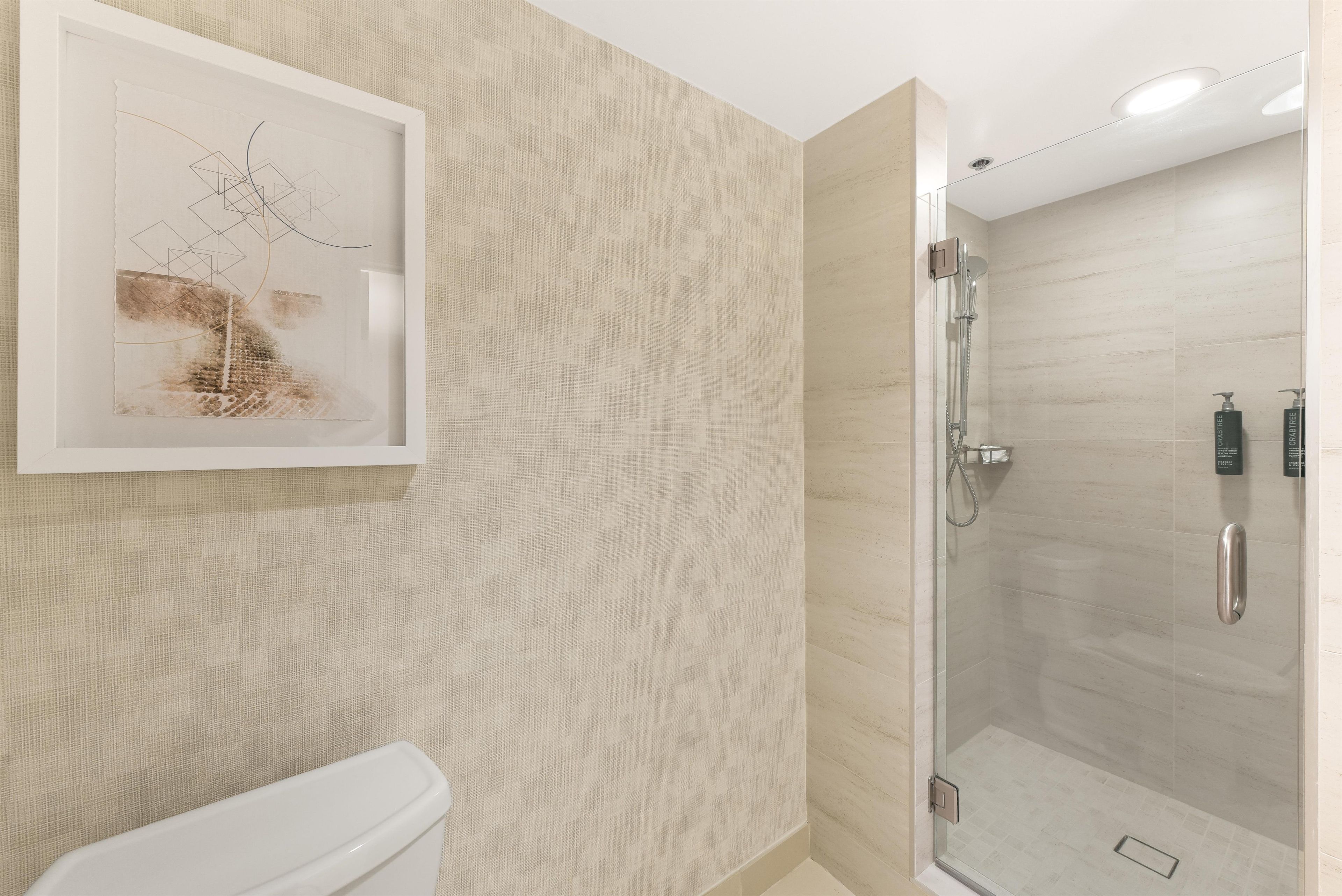 A bathroom with a glass-enclosed shower, a toilet, and a wall-mounted artwork.