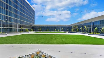 A modern building with a large glass facade, a central grassy courtyard, and a clear blue sky.