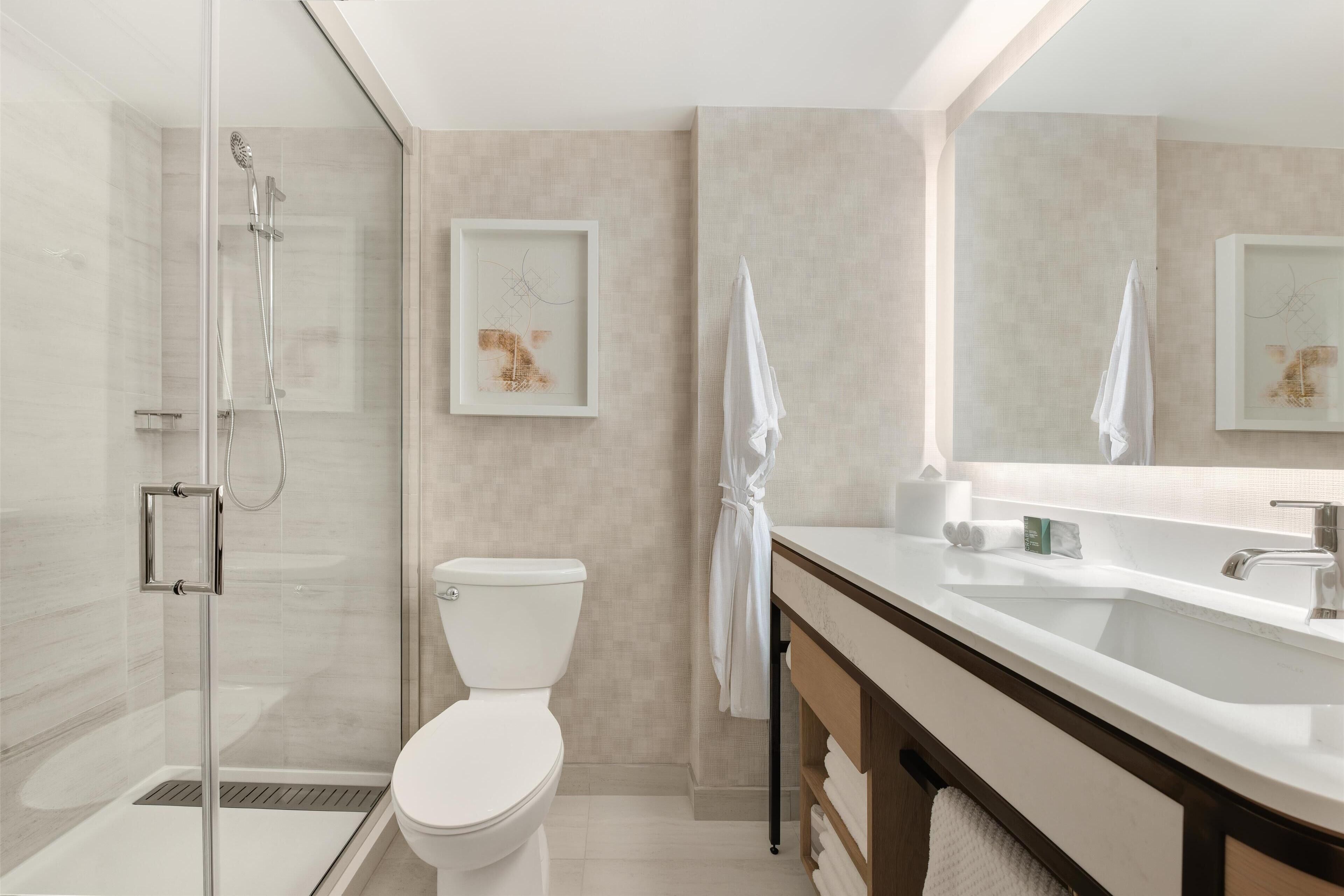 A modern bathroom with a glass-enclosed shower, a white toilet, a large mirror, and a vanity with a sink.