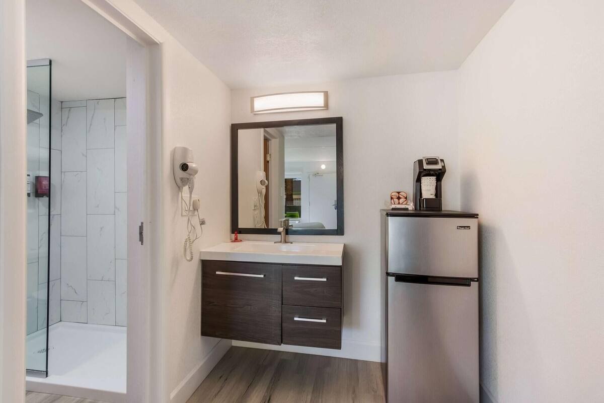 A modern bathroom with a glass shower enclosure, a dark wood vanity with a mirror, and a built-in refrigerator.